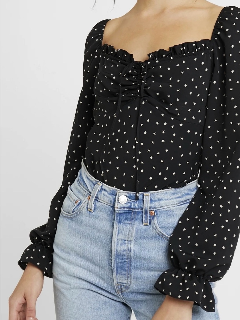 TOPSHOP Black Star-Print Puff-Sleeve Square Neck Blouse